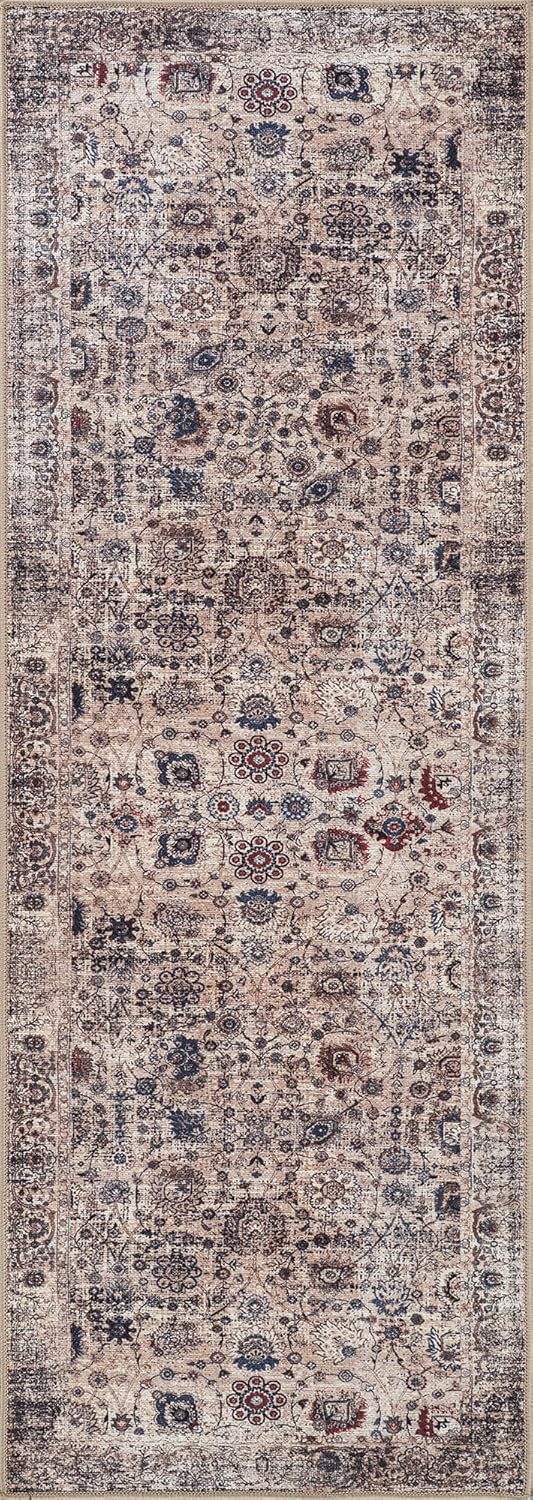 Bloom Rugs Washable Non-Slip 10 ft Runner - Light Tan/Blue Traditional Oriental Runner for Entryway, Hallway, Bathroom, and Kitchen - Exact Size: 2.5' x 10'