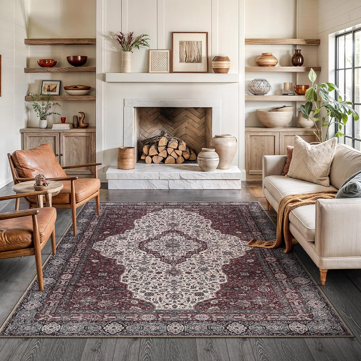 Bloom Rugs Washable Non-Slip 6' x 9' Rug - Red/Green/Cream Traditional Medallion Area Rug for Living Room, Bedroom, Dining Room, and Kitchen - Exact Size: 6' x 9'