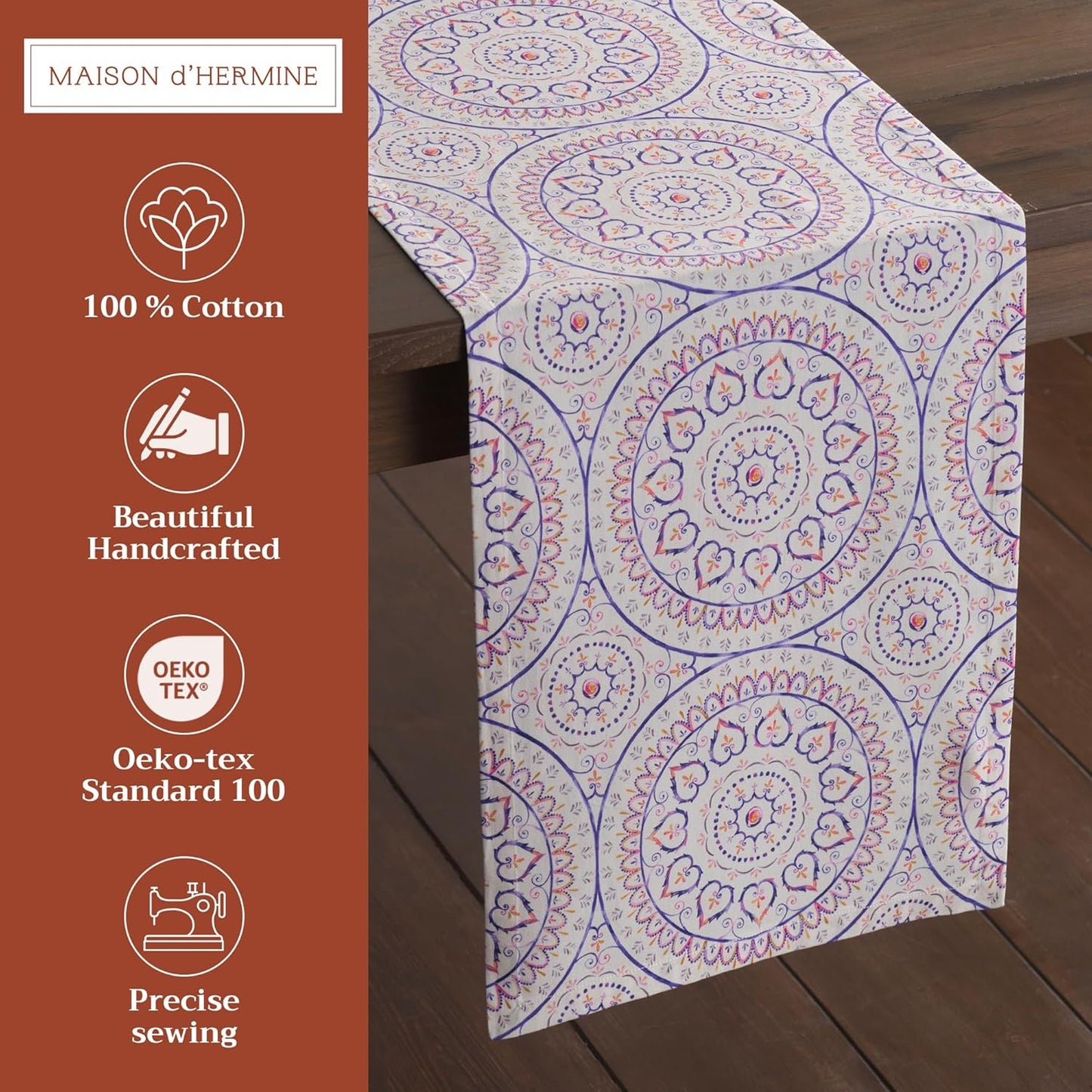 Maison d' Hermine Table Runner 100% Cotton Single Layer Table Runners 72 inches Long Decorative for Home Kitchen Dining Party Baby Shower Wedding Bridal Shower Spring Summer (Mandala, 14.50" x 72")