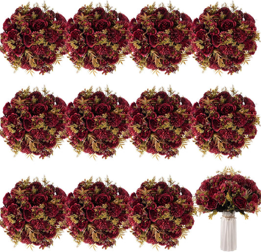Tigeen Artificial Flowers Artificial Peonies Silk Flowers Faux Peony Fake Peony Silk Hydrangea Bouquet for Wedding Table Centerpiece Floral Vase Decor(Claret,12 Bundles)