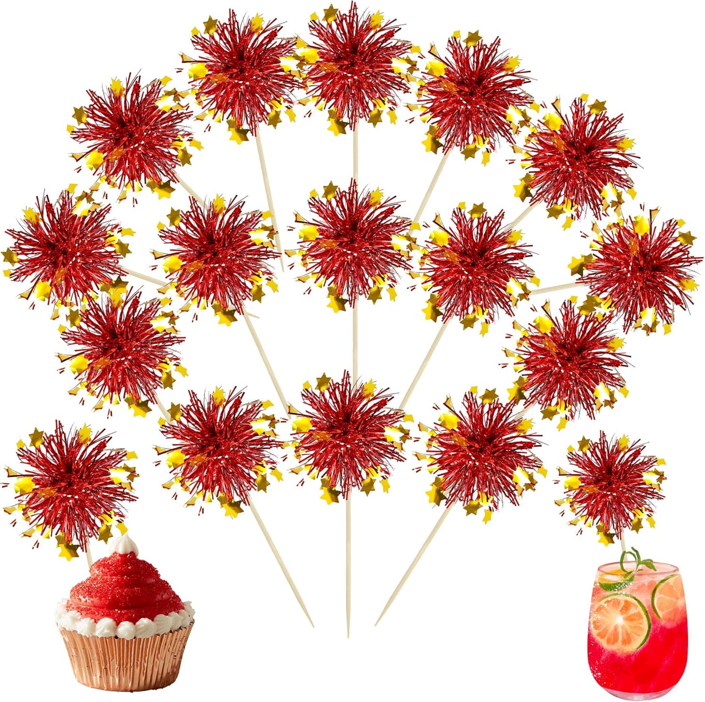 Ephlyn 30Pcs Foil Firework Cupcake Toppers Party Birthday Cake Toppers Supplies Sparkle Tinsel Cocktail Fruit Toothpick for Birthday Wedding Graduation Party Red