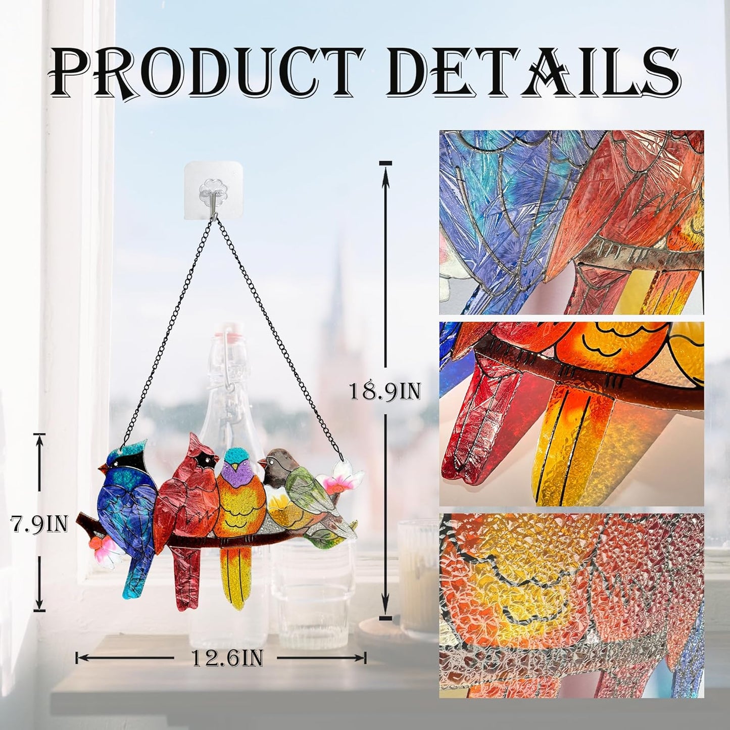 Stained Glass Window Hanging - Large Suncatcher Stained Glass Birds on Branch, Sun Catchers for Indoor Window Doors Room Home Decoration Hummingbird Gifts for Bird Lovers