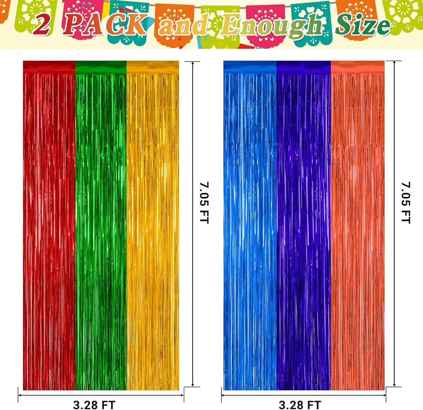 2 Pack Cinco De Mayo Decorations, 3.28 FT x 7.05 FT Fiesta Rainbow Backdrop, Mexican Style Fringe Curtains Tinsel Backdrop Party Streamer, Metallic Taco Party Decorations Mexican Decor