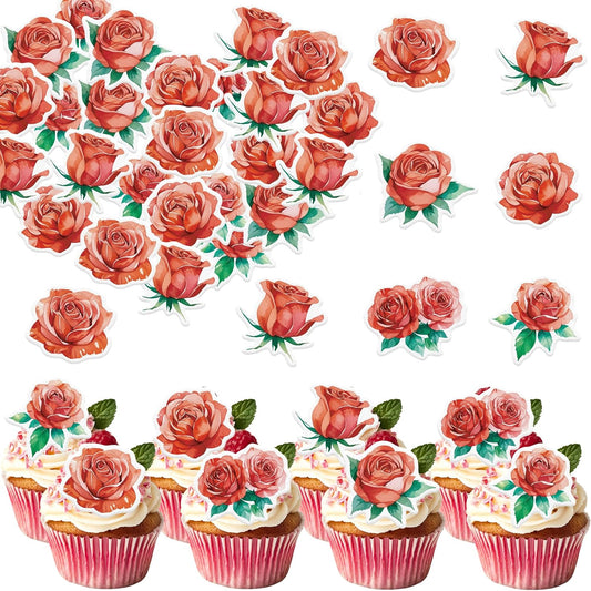 48PCS Edible Rose Flower Cupcake Toppers Wafer Paper Roses Decorations Flower Birthday Party Decorations Rose Cake Toppers for Wedding Engagement Birthday Party Cake Decor Supplies (Red)