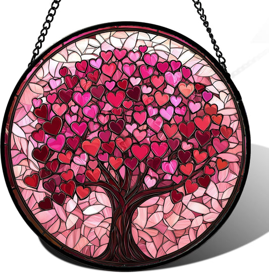 Stained Glass Window Hanging, Pink Love Tree of Life Sun Catchers Colorful Glass Panel Suncatcher Decor for Birthday for Women, Men, Wife, Lovers, and Mom 14.9x14.9 in