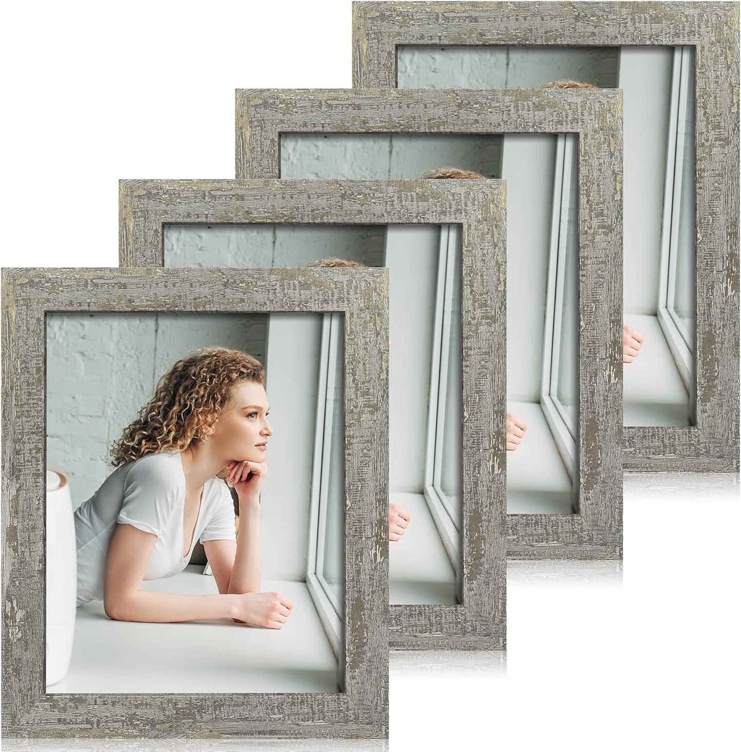 8x10 Picture Frame Set of 4, High Definition Glass Distressed Moss Green Frame, 8 x 10 Wood Photo Frames for Tabletop Display and Wall Mounting