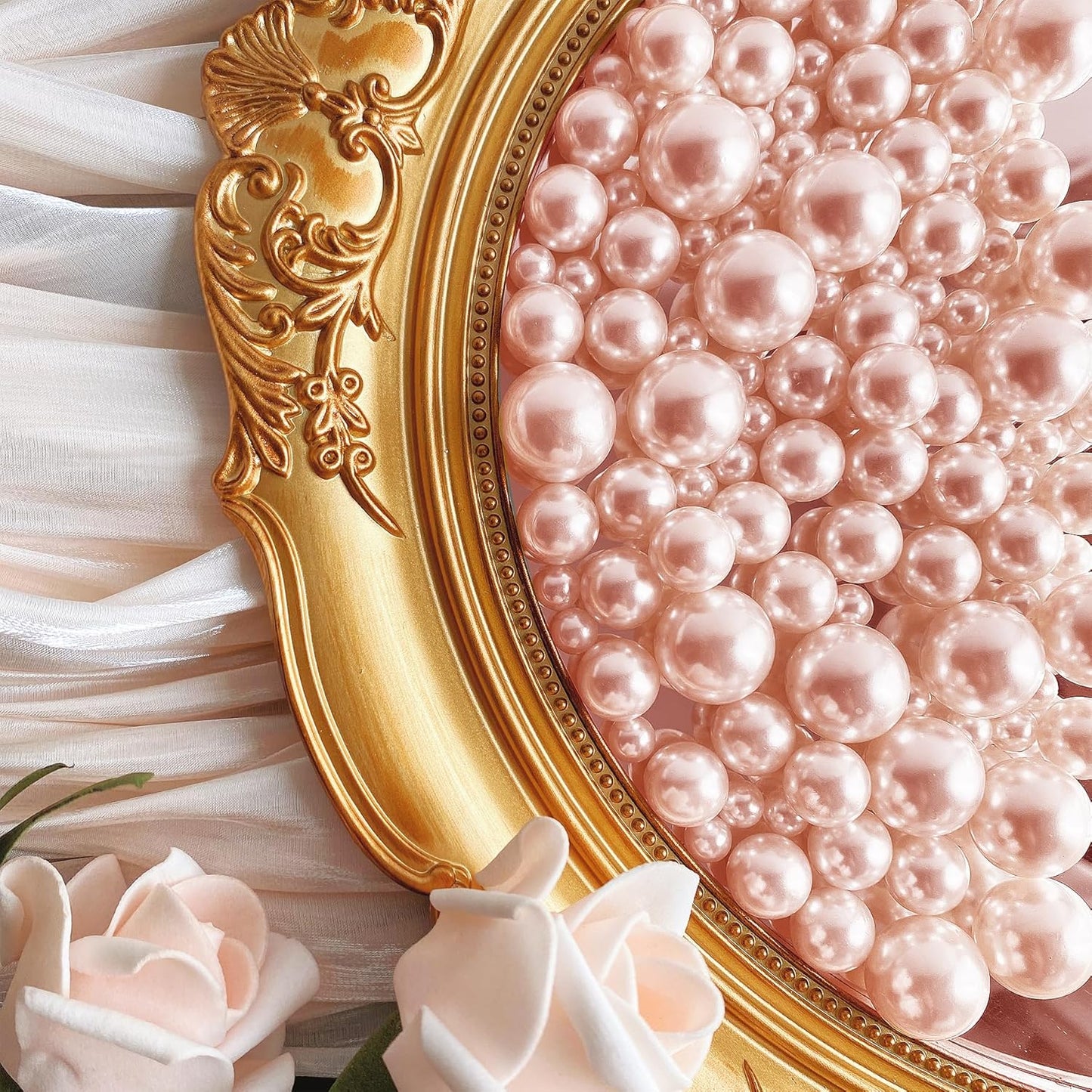 120 PCS 8/14/20mm No Hole Polish Pearl Beads for Centerpiece, Rose Gold Beads Decorative Vase Fillers, Plastics Pearls for Vases, Table Scatters, Wedding Party Decor