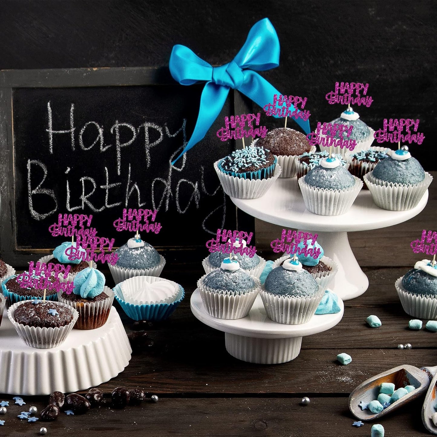 Gyufise 24Pcs Happy Birthday Cupcake Toppers Glitter Birthday Cupcake Food Picks for Celebrating Purple Theme Party Cake Decorations Supplies Purple