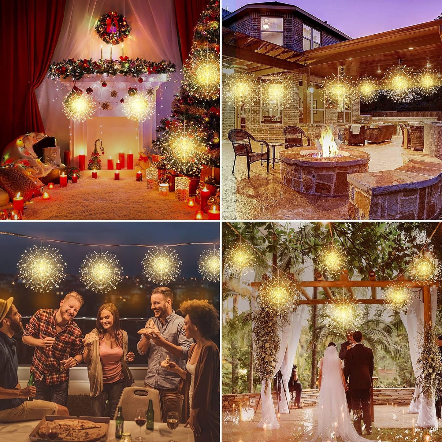 4 Pack String Lights - 225 LED 8 Modes Dimmable with Remote Control, Waterproof Copper Wire Decorative Hanging Bursting Star Lights for Party, Patio, Garden Decoration (Warm White)