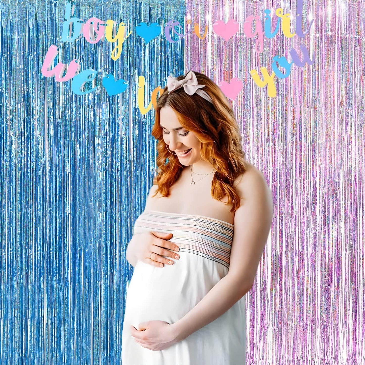 BRAVESHINE Pink Blue Tinsel Foil Fringe Curtains - 2Pcs 3.2x8.2ft Holidays Photo Streamers Backdrop for Easter Girl or Boy Birthdays Bridal Shower Party Supplies Decorations