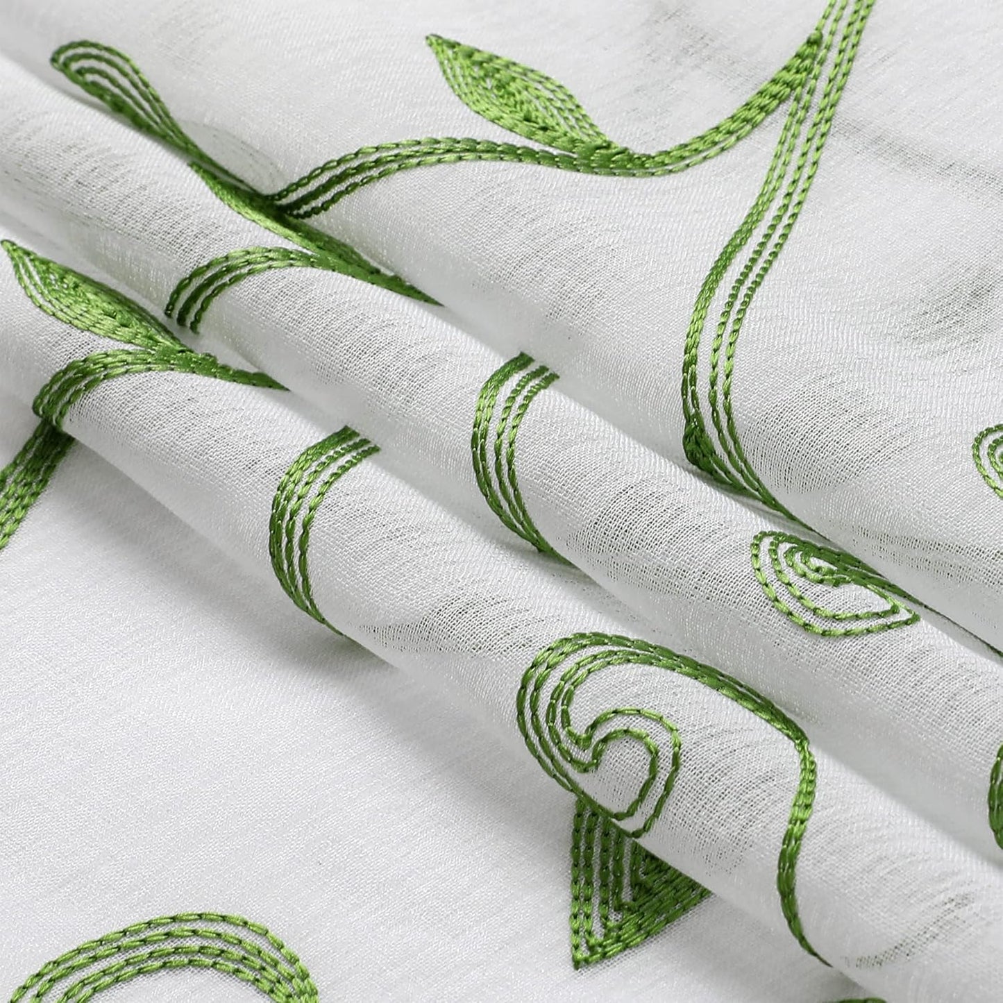 VISIONTEX Embroidered Green Sheer Voile Curtains, Leaves Embroidery Faux Linen Rod Pocket Window Drapes for Living Room and Girls Bedroom 54 x 108 Inch, Set of 2 Curtain Panels