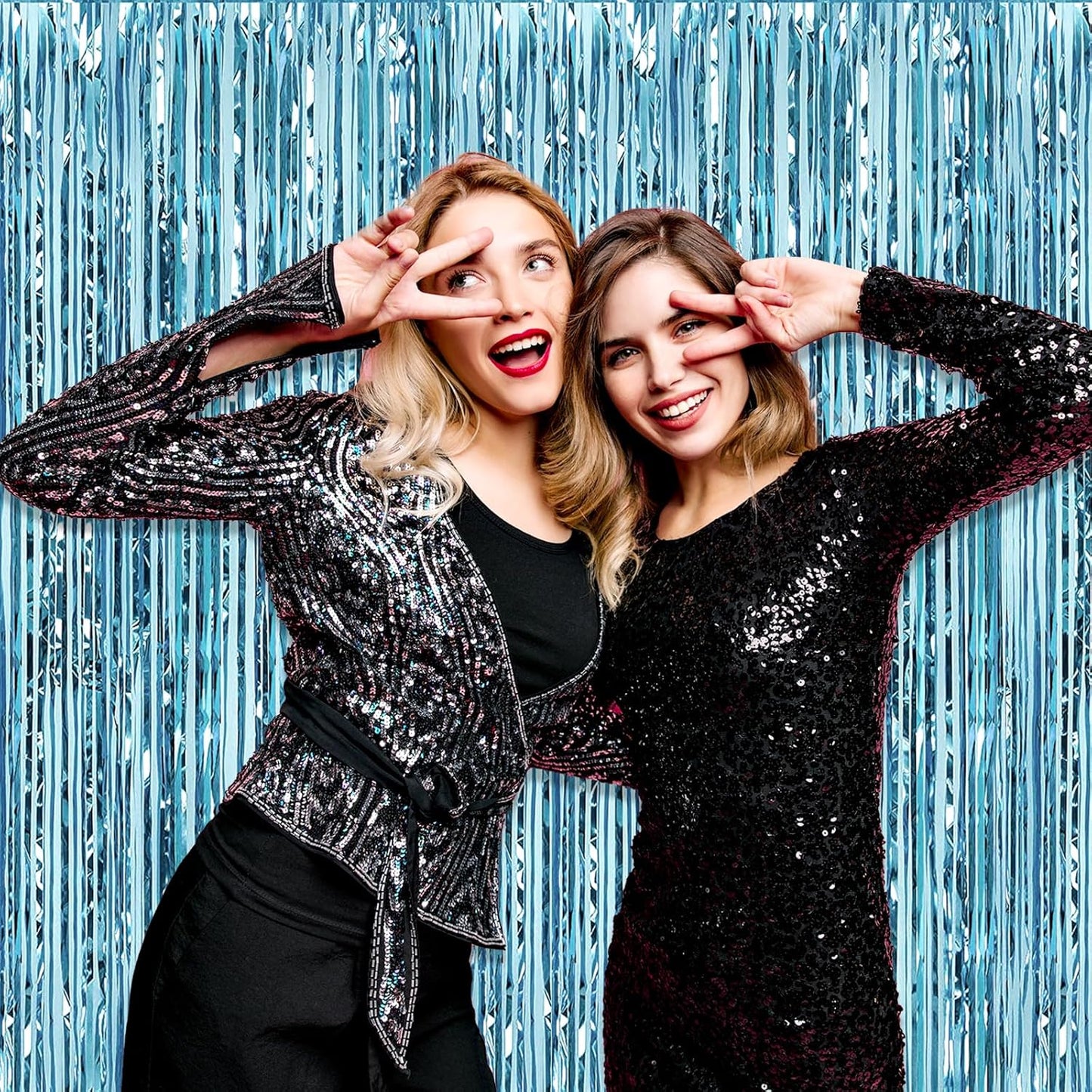 3 Pack Light Blue Foil Fringe Curtain Backdrop, 3.28Ft x 8.2Ft Metallic Tinsel Foil Fringe Streamer Curtains for Photo Booth, Christmas Day, Thanksgiving, Wedding, New Year Party Decorations