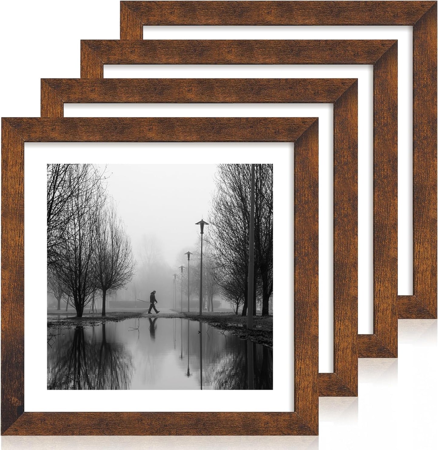 12x12 Picture Frame Set of 4 with Tempered Glass, Rustic Frame Display 10x10 Pictures with Mat or 12 x 12 Without Mat, Wood Square Photo Frames for Desktop Display and Wall Mounting