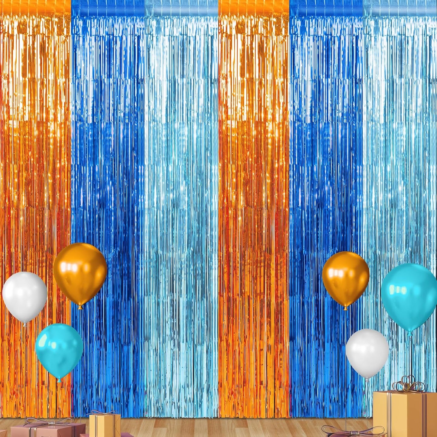 3 Pack 3.3X6.6Ft Blue Dog Foil Fringe Curtains Backdrop Decorations, Orange and Light Blue Birthday Party Tinsel Metallic Streamers Photo Booth Background for Dog Theme Party Supplies