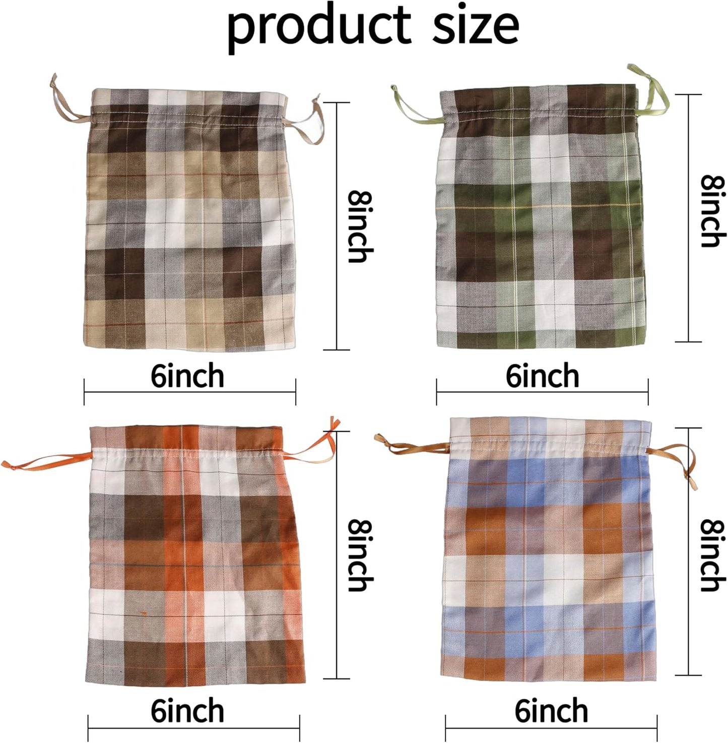 Large Fall Burlap Bags with Drawstrings - Orange Buffalo Plaid, Sage Green Gingham - Reusable Brown Pouch for Thanksgiving Party Gift Wrapping Goodies (4 colors, 6x8 inch)