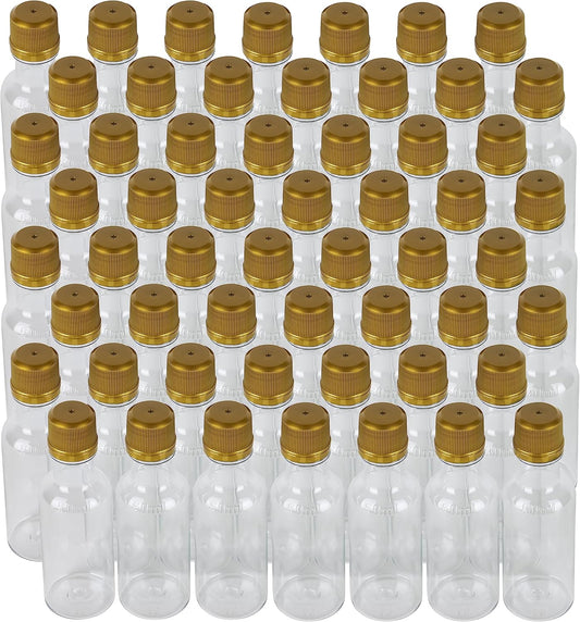 50 ml (1.7 Oz.) 120 Pack Round PET Clear Small Plastic Bottle with Tamper Evident Caps, Food Grade for Liquor, Wellness Shots, Sauce (Gold Lids)