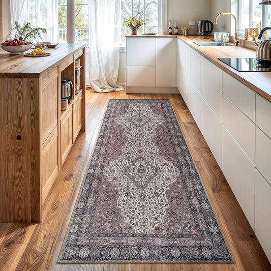 Bloom Rugs Washable Non-Slip 12 ft Runner - Cream/Green Traditional Medallion Runner for Entryway, Hallway, Bathroom, and Kitchen - Exact Size: 2.5' x 12'