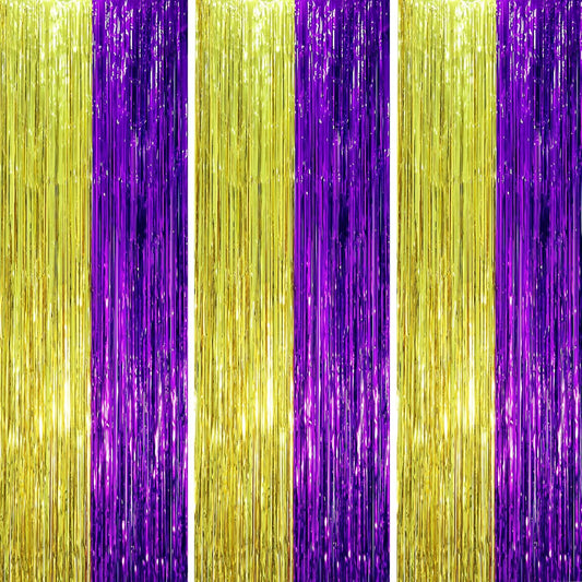 3 Pack 3.3 x 8.2 ft Purple and Gold Foil Fringe Backdrop Curtains, Tinsel Streamers Party Decorations, Fringe Backdrop, Door Shimmer for Graduation or Birthday Party