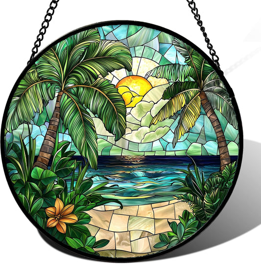 Stained Glass Window Hanging, Green Beach Scenery Suncatcher Diamond Glass Panel Hangings Sun Catchers Decor for Birthday for Women, Men, Wife, Aunt, and Mom 14.9x14.9 in