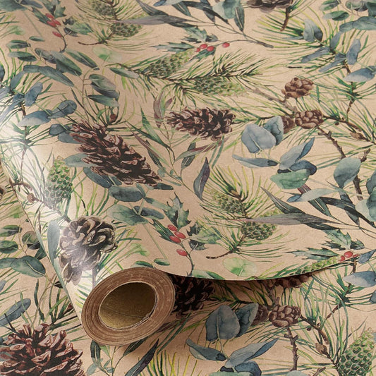 RUSPEPA 30" X 100' Kraft Christmas Wrapping Large Paper Roll, Jumbo Roll, Watercolor Pinecone and Eucalyptus Leaf Design, Kraft Gift Wrap for Christmas, Winter Holiday Party, Rustic Natural Theme
