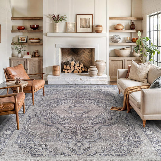 Bloom Rugs Washable Non-Slip 9' x 12' Rug - Blue/Steel Gray/Beige Traditional Medallion Area Rug for Living Room, Bedroom, Dining Room, and Kitchen - Exact Size: 9' x 12'