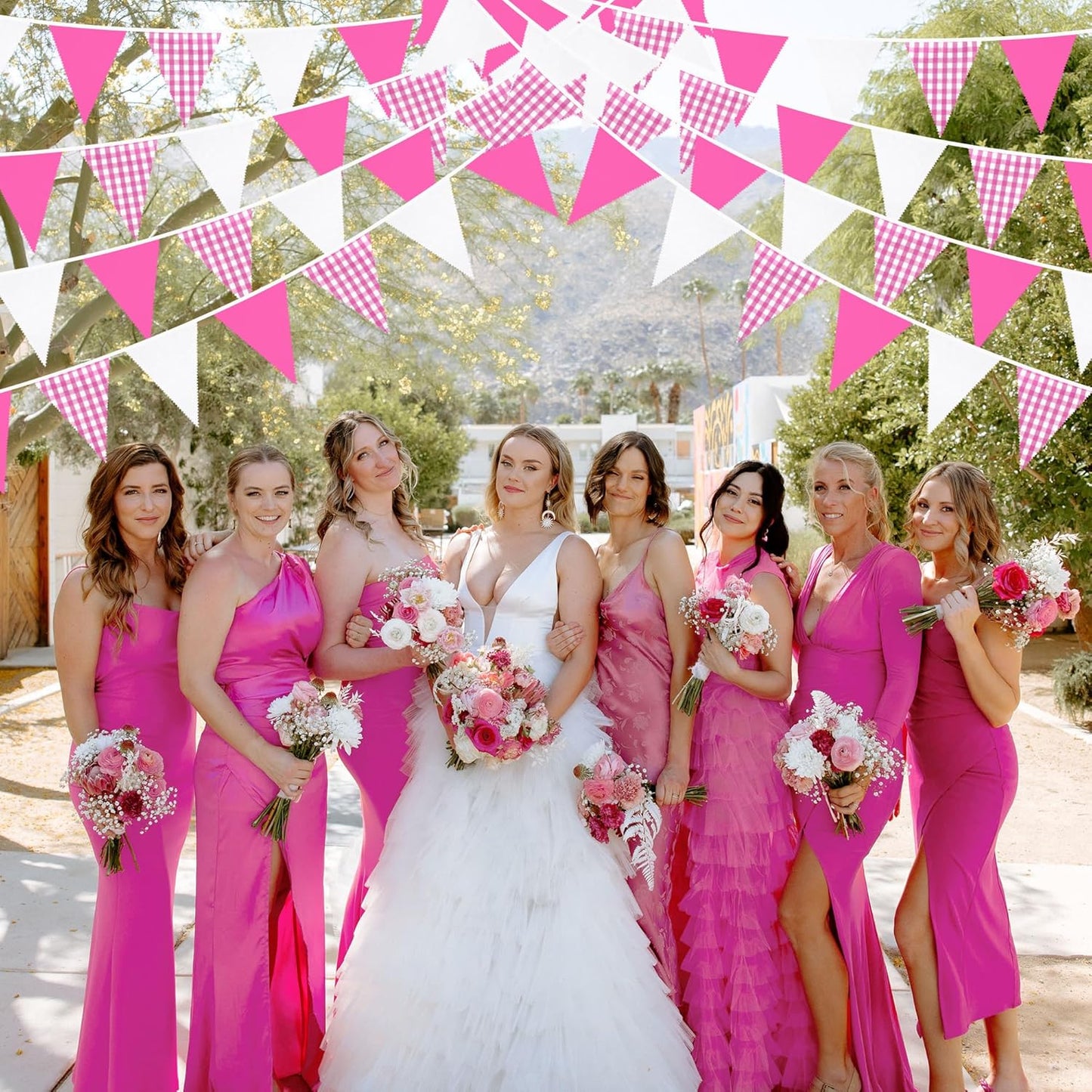 32Ft Hot Pink Party Decorations Pink Buffalo Plaid Checkered White Triangle Flag Gingham Pennant Fabric Garland Streamers for Wedding Birthday Baby Shower Anniversary Party Picnic Garden Decor