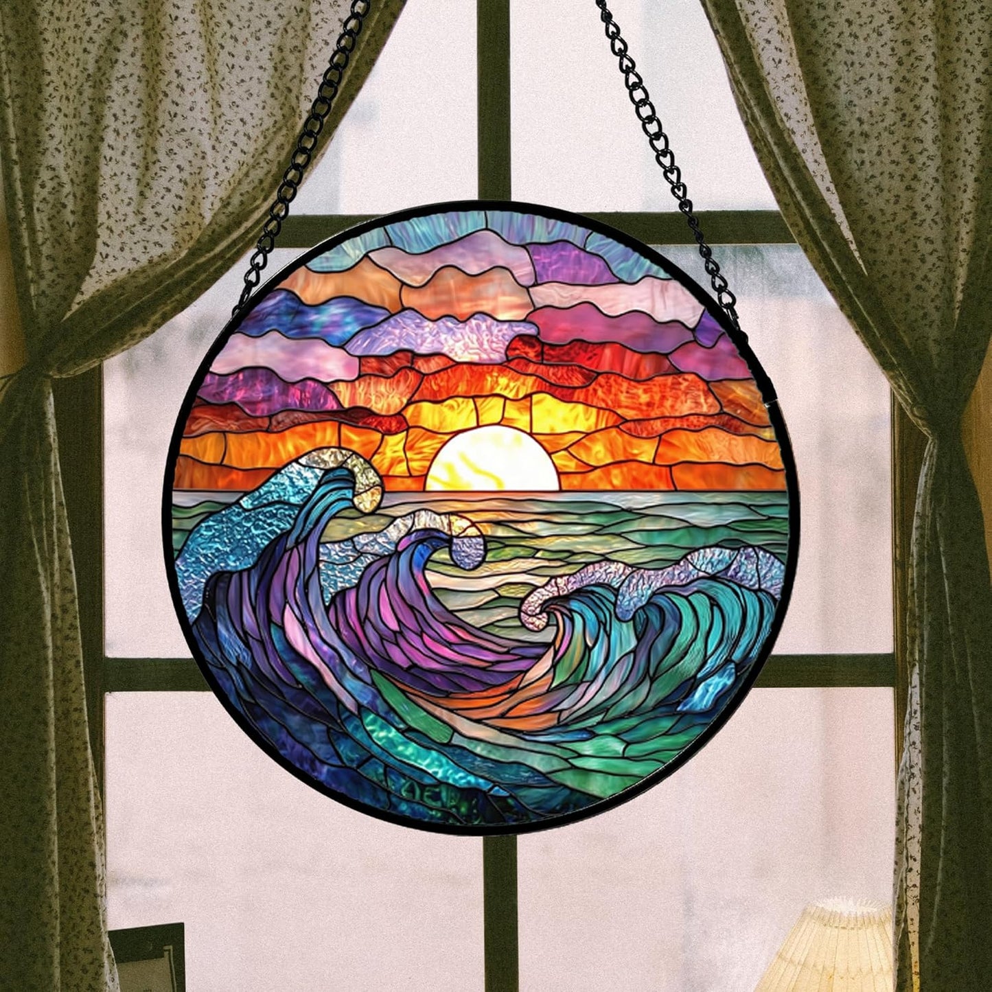 Stained Glass Window Hanging, Clouds and Sea Waves Suncatcher Diamond Glass Panel Hangings Scenery Sun Catchers Decor for Birthday for Women, Men, Wife, Aunt, and Mom 14.9 in