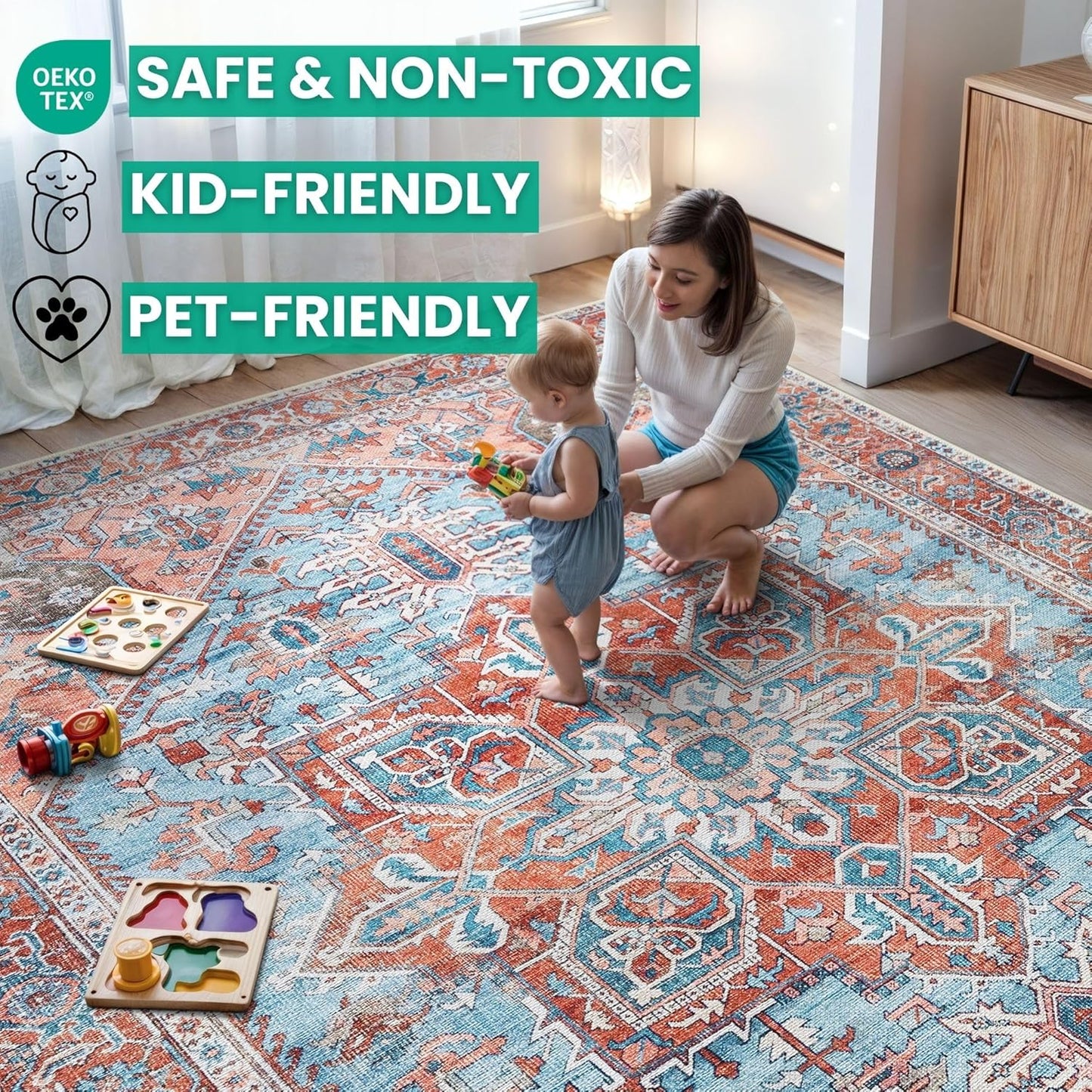 Bloom Rugs Washable Non-Slip 12 ft Runner - Coral/Sky Blue Traditional Medallion Runner for Entryway, Hallway, Bathroom, and Kitchen - Exact Size: 2.5' x 12'