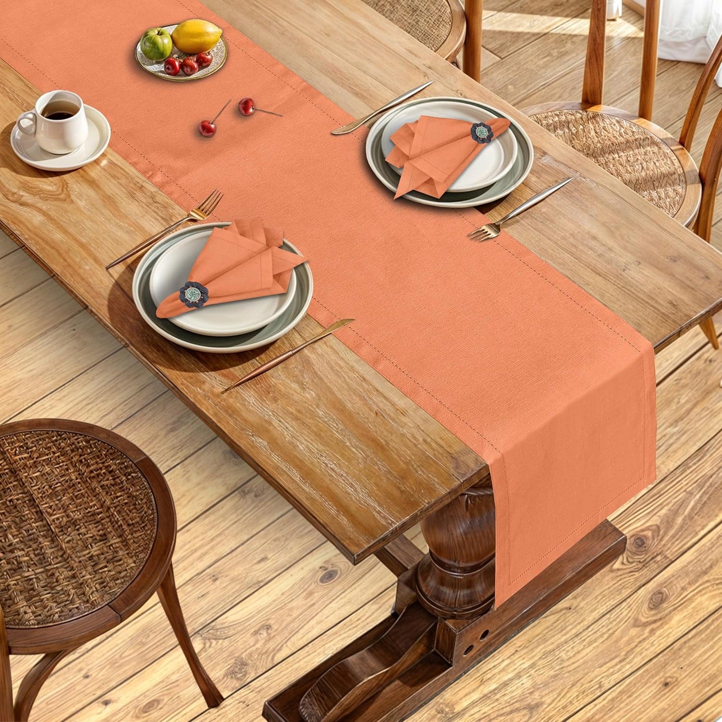 Ruvanti Linen Table Runner 72 Inches, Classic Hemstitch, Washable, Reusable, Non-Slipping, Stain Resistant- Perfect for Parties, Weddings, Dinners, Thanksgiving, Christmas, Indoor use – Orange