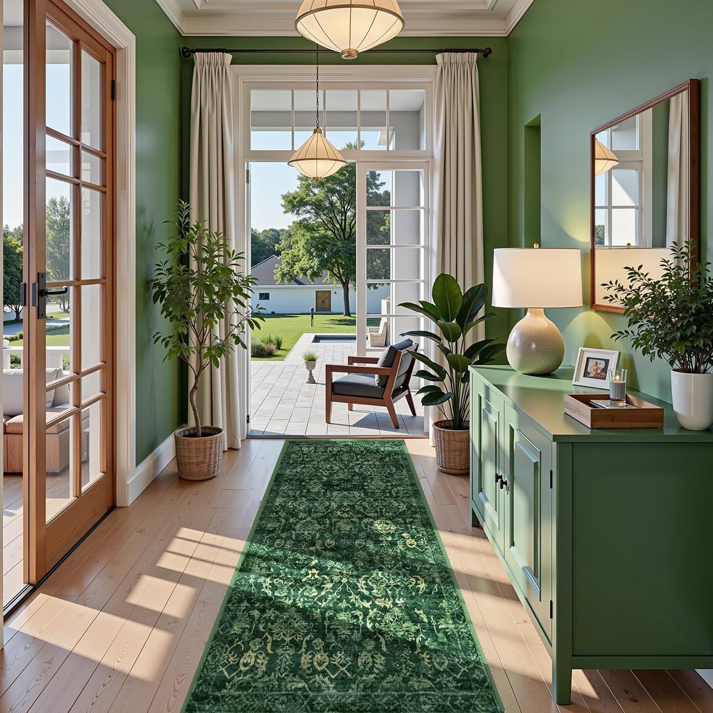 Dark Green 3x7 Runner Rug for Hallways Bed Side Kitchen, Boho Washable Distressed Low-Pile Floor Entryway Long Bathroom Mat, Non-Slip Laundry Room Washstand Front Carpet Green 36x84 Inch