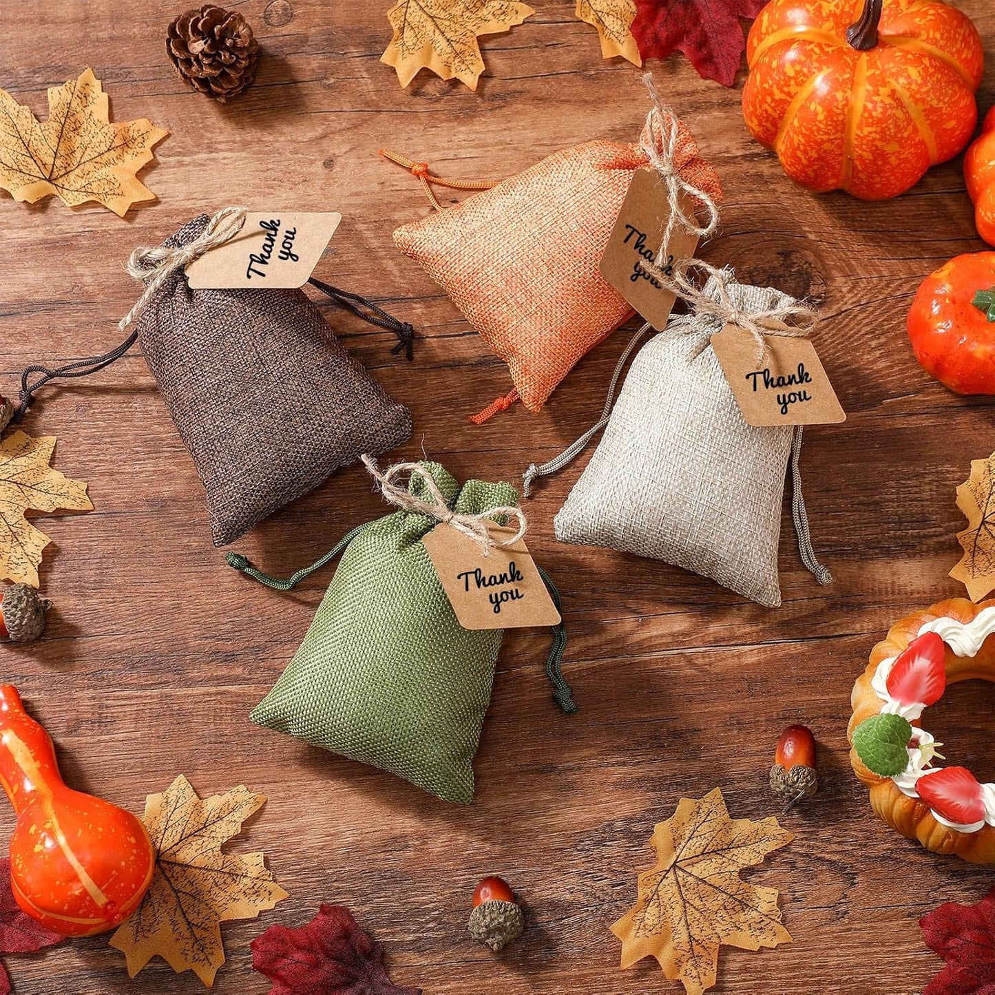 Woanger 100 Pcs Burlap Gift Bags with 100 Pcs Kraft Paper Gift Tags Drawstring Favor Bulk Burlap Sack Bags for DIY Wedding Party Craft(4 x 6 Inch,Natural Color, Dark Brown, Military Green, Orange)