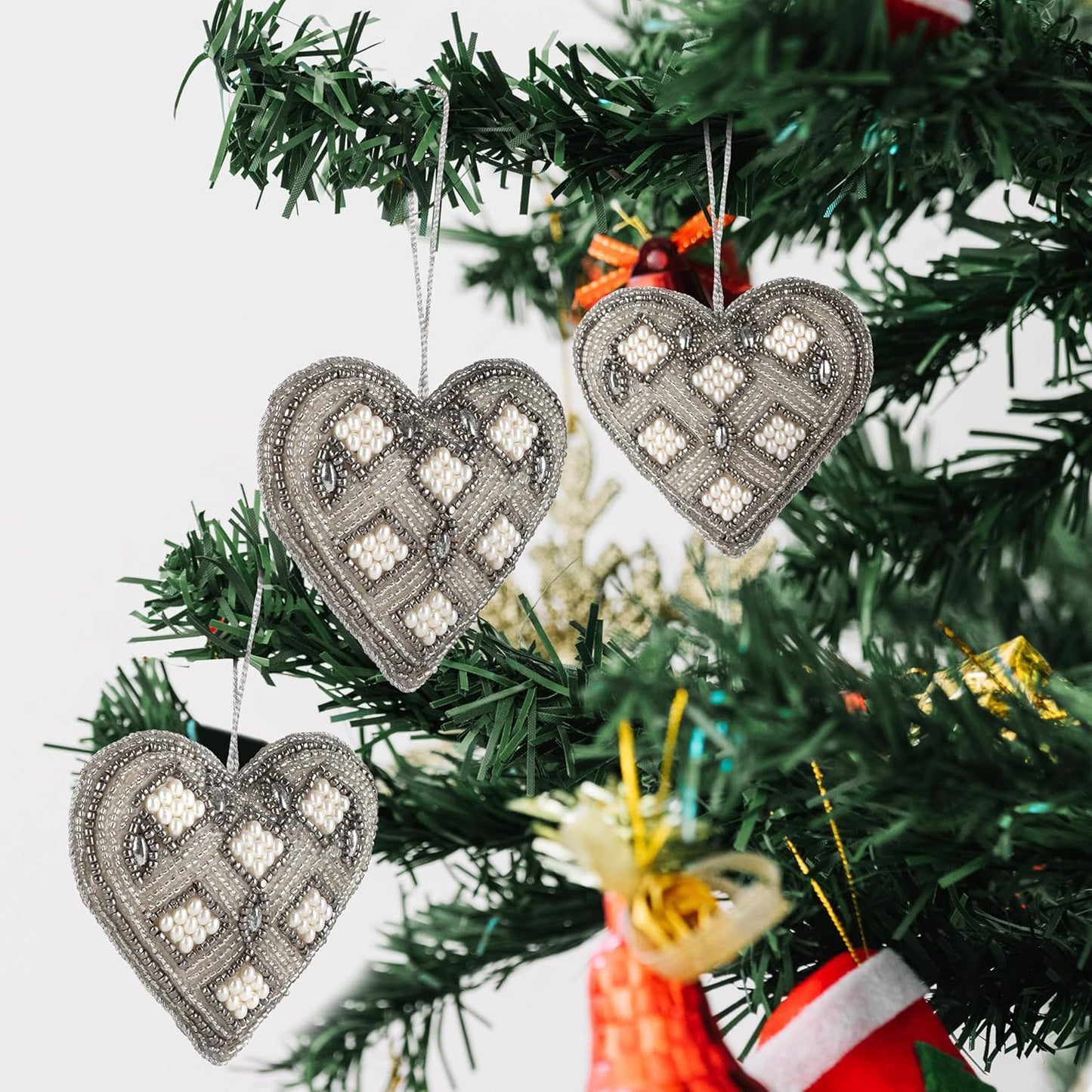 Beaded Heart Hanging Ornaments with Twine - Home Decor Modern Style Beaded Decorative Ornaments for Living Room, Bedroom, Office Desktop, Cabinets - Set of 6 (Grey) - CLEENTABLE