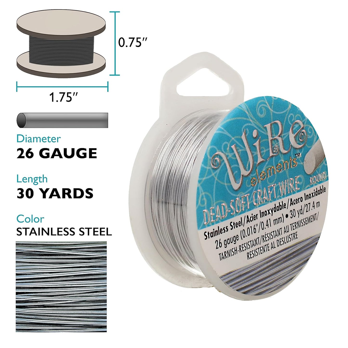 The Beadsmith Wire Elements Craft Wire – Tarnish Resistant, Soft Temper, Round, Stainless Steel Color – 0.41mm, 26 Gauge, 30 Yard Spool – Jewelry Making, Wire Wrapping, Floral, & Other DIY Crafts