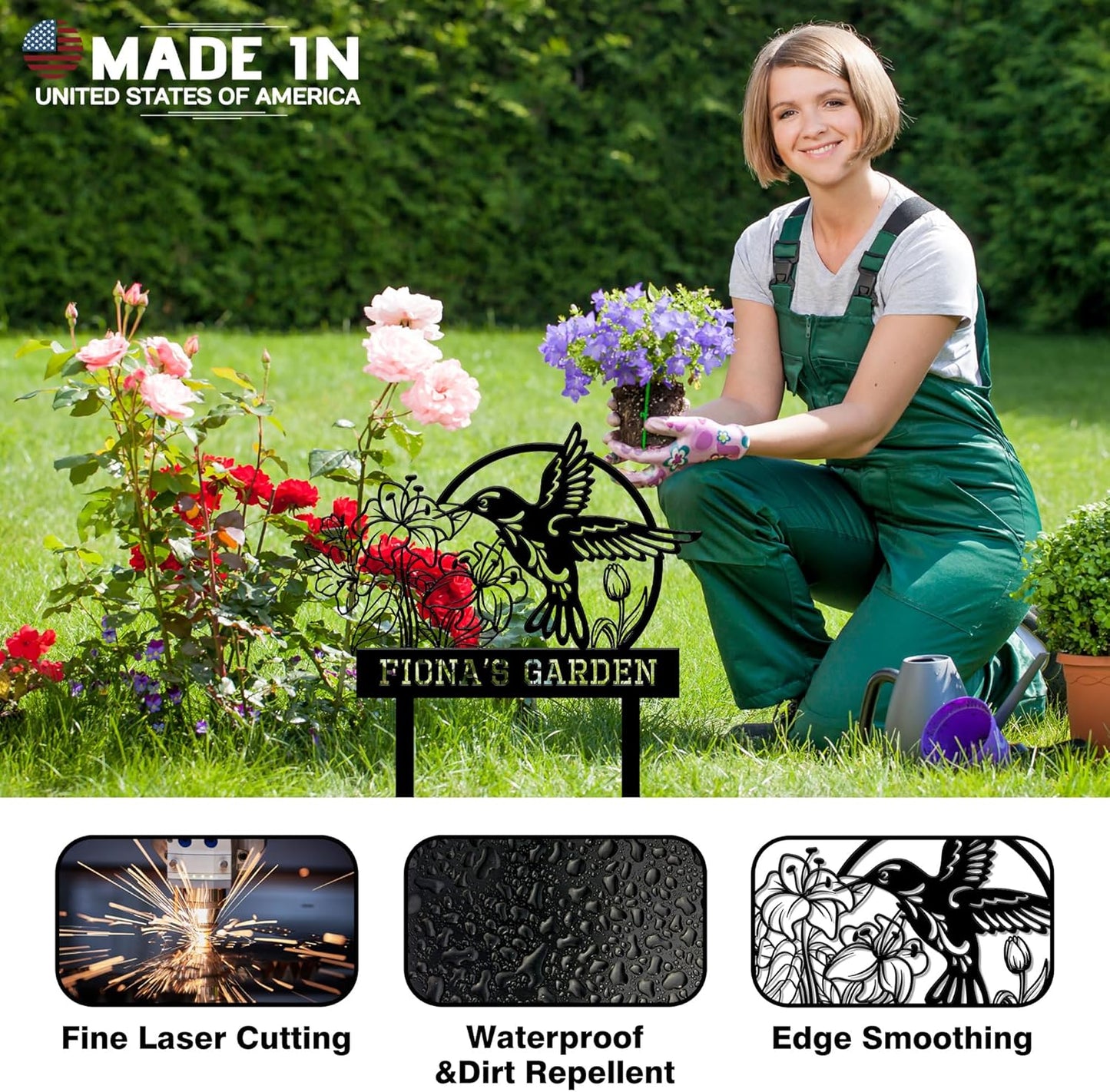 Personalized Garden Signs for Outside, Custom Metal Hummingbird Flowers Garden Decor with Stake, Custom Name Signs Outdoor Yard Patio Backyard Metal Decor Home Gifts