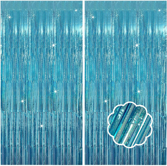 2 Pack Blue Streamers Party Decorations Tinsel Foil Fringe Curtains Photo Booth Celebration Birthday Decorations Ocean Party Decorations