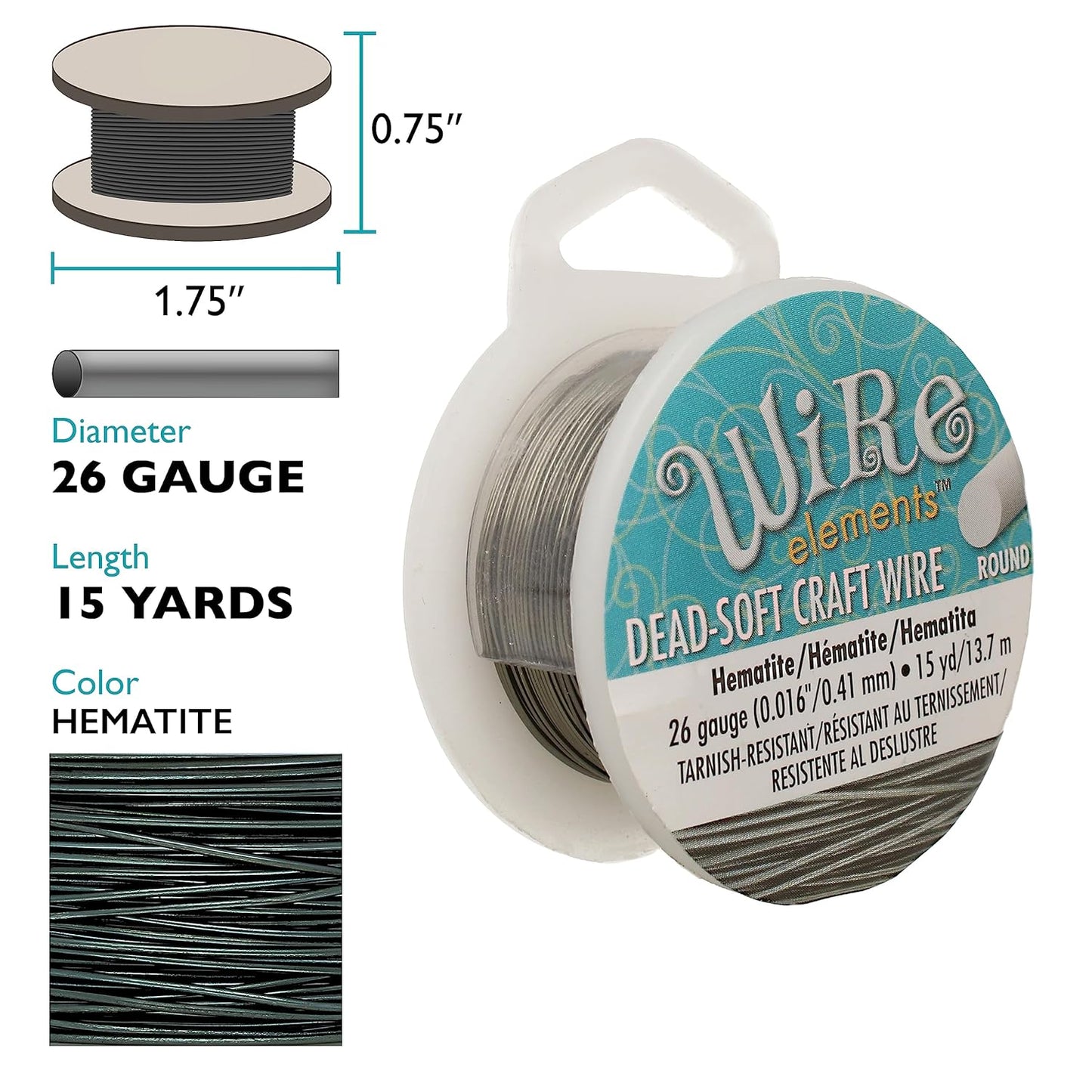 The Beadsmith Wire Elements Craft Wire – Tarnish Resistant, Soft Temper, Round, Hematite Color – 0.41mm, 26 Gauge, 15 Yard Spool – Jewelry Making, Wire Wrapping, Floral, & Other DIY Crafts
