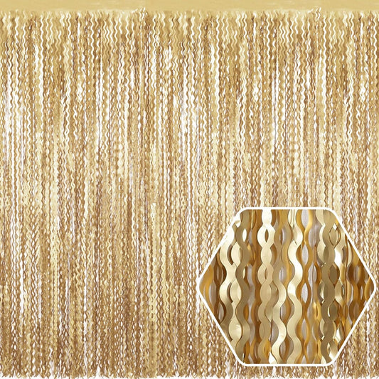 4 Pack Champagne Gold Wave Foil Fringe Curtain Backdrop, 3.28Ft x 8.2Ft Metallic Tinsel Foil Fringe Streamer Curtains for Photo Booth, Mother's Day, Easter, Birthday, Wedding Party Decoration
