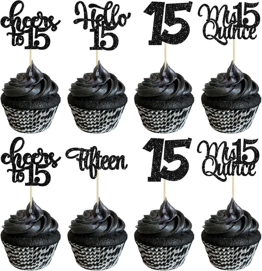 30Pcs 15th Birthday Cupcake Toppers Fifteen Cupcake Picks Cheers to 15 Years Old Mis Quince 15 Cake Decorations for 15th Birthday Anniversary Party Black Glitter
