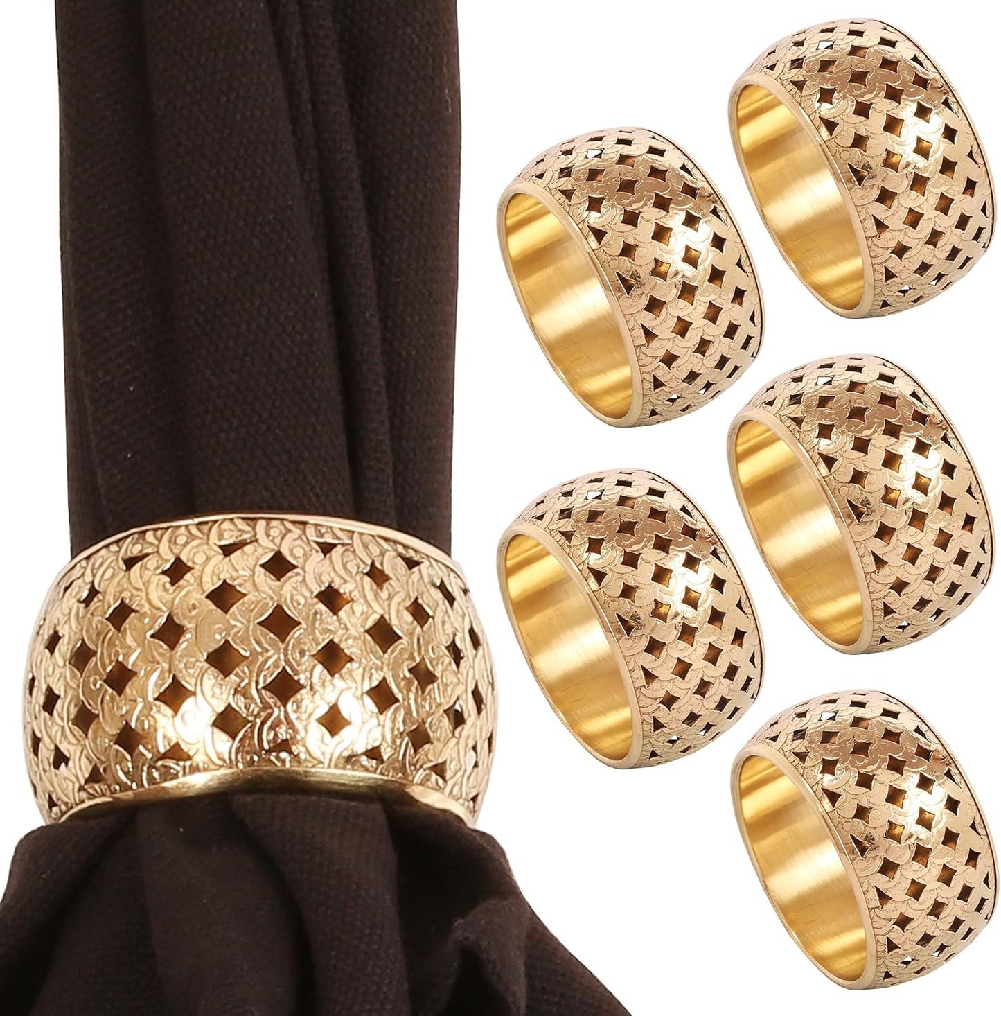 Brass Base Handcrafted Beautiful Hand Cut Mesh Work Large Size Party Dining Table Napkin Holders in Gold Tone. (Set of 6).