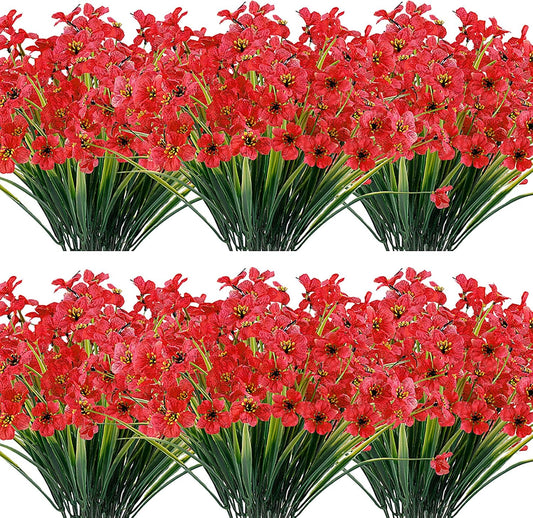 20 Bundles Artificial Flowers Outdoor UV Resistant Fake Flowers No Fade Faux Plastic Plants Garden Porch Window Box Decorating (Deep Red)…
