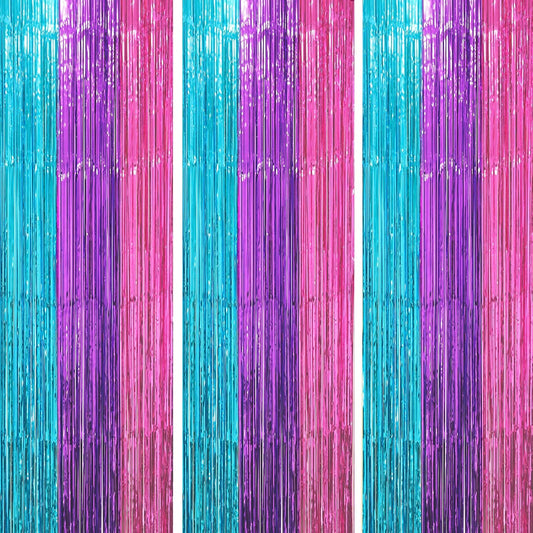 3 Pack 3.3 x 8.2 ft Blue Purple Pink Foil Fringe Backdrop Curtains, Tinsel Streamers Party Decorations, Fringe Backdrop, Door Shimmer for Mermaid or Birthday Party