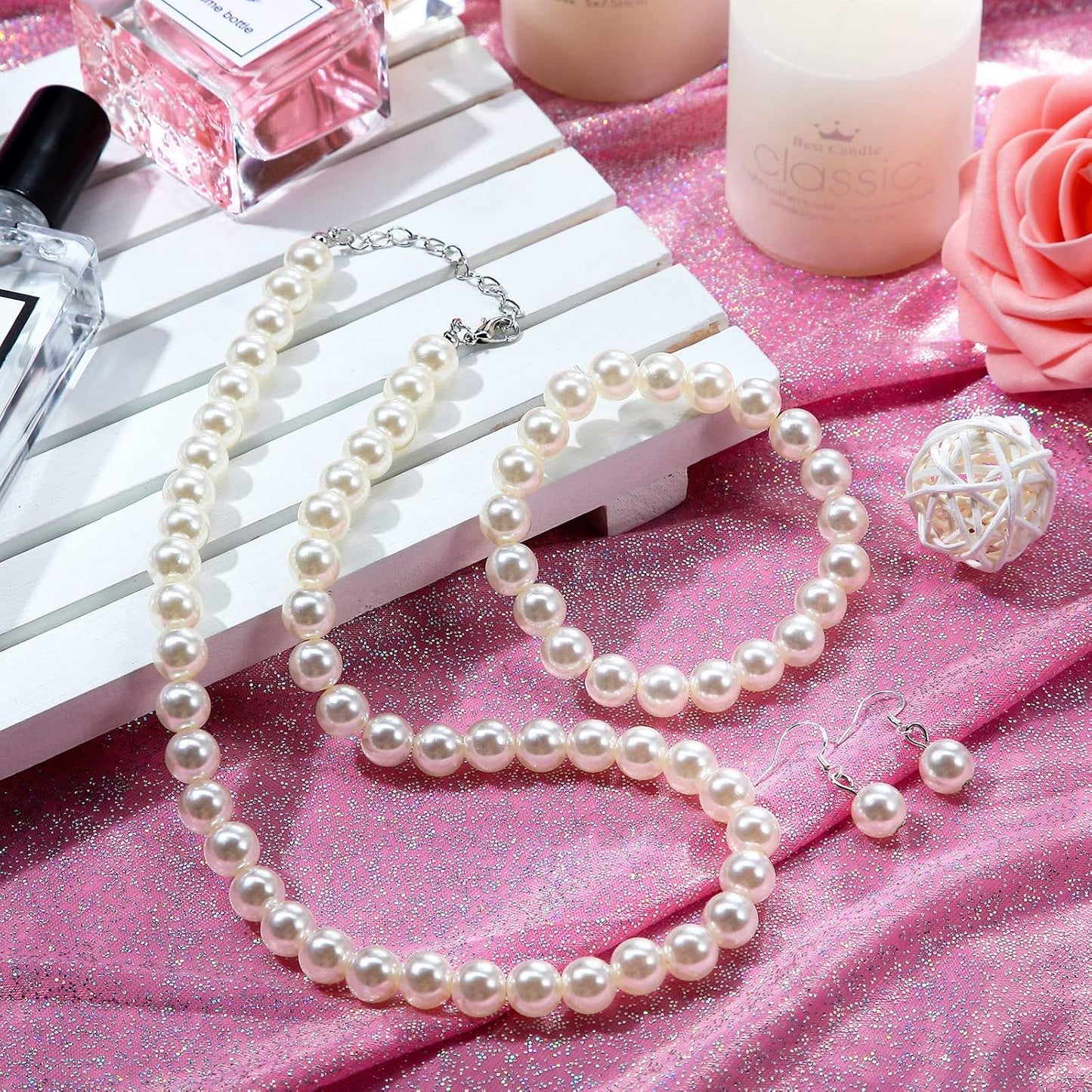 4 Pcs 1920s Faux Pearl Costume Jewelry Set for Women Halloween Simulated Necklace Bracelet Earrings for Wedding