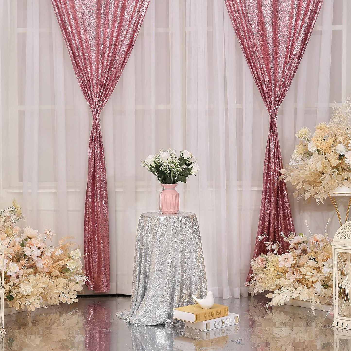 Poise3EHome 2 Panels 2ft x 8ft Fuchsia Pink Sequin Backdrop Curtains for Wedding Party Xmas Decoration
