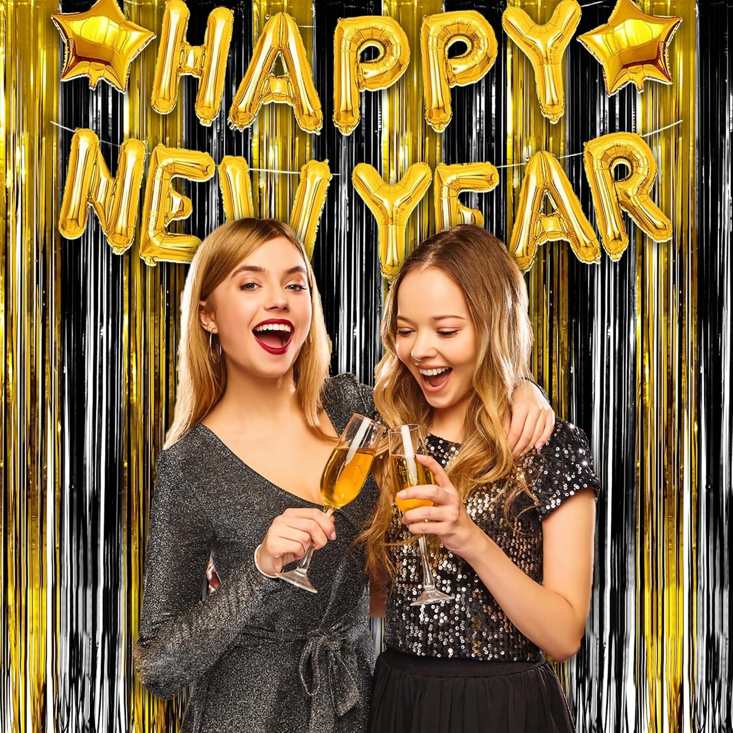 Black and Gold Party Streamers Decoration - GREATRIL Foil Fringe Backdrop for 2026 NYE/Anniversary/Farewell/Cocktail/Prom/EID/Birthdays - 3.2ft X 8.2ft - 2 Packs