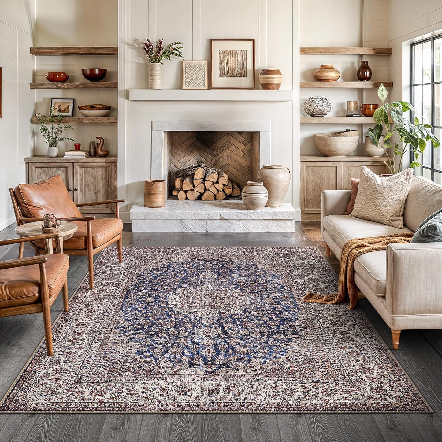 Bloom Rugs Washable Non-Slip 6' x 9' Rug - Dark Blue/Beige Traditional Medallion Area Rug for Living Room, Bedroom, Dining Room, and Kitchen - Exact Size: 6' x 9'