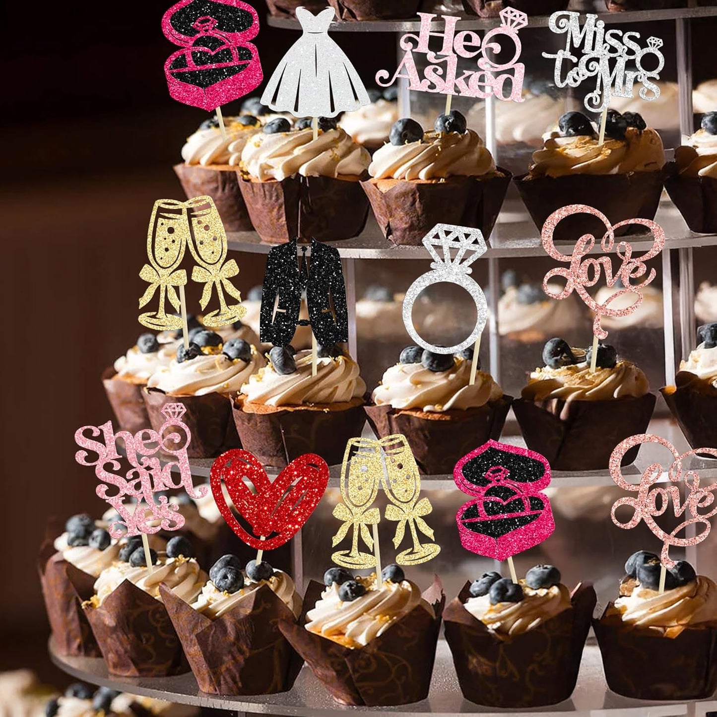 Gyufise 30Pcs She Said Yes Cupcake Toppers Glitter Diamond Ring I Do Love Cupcake Picks Miss to Mrs He Asked Bridal Shower Wedding Engagement Bachelorette Cake Decoration Multicolor