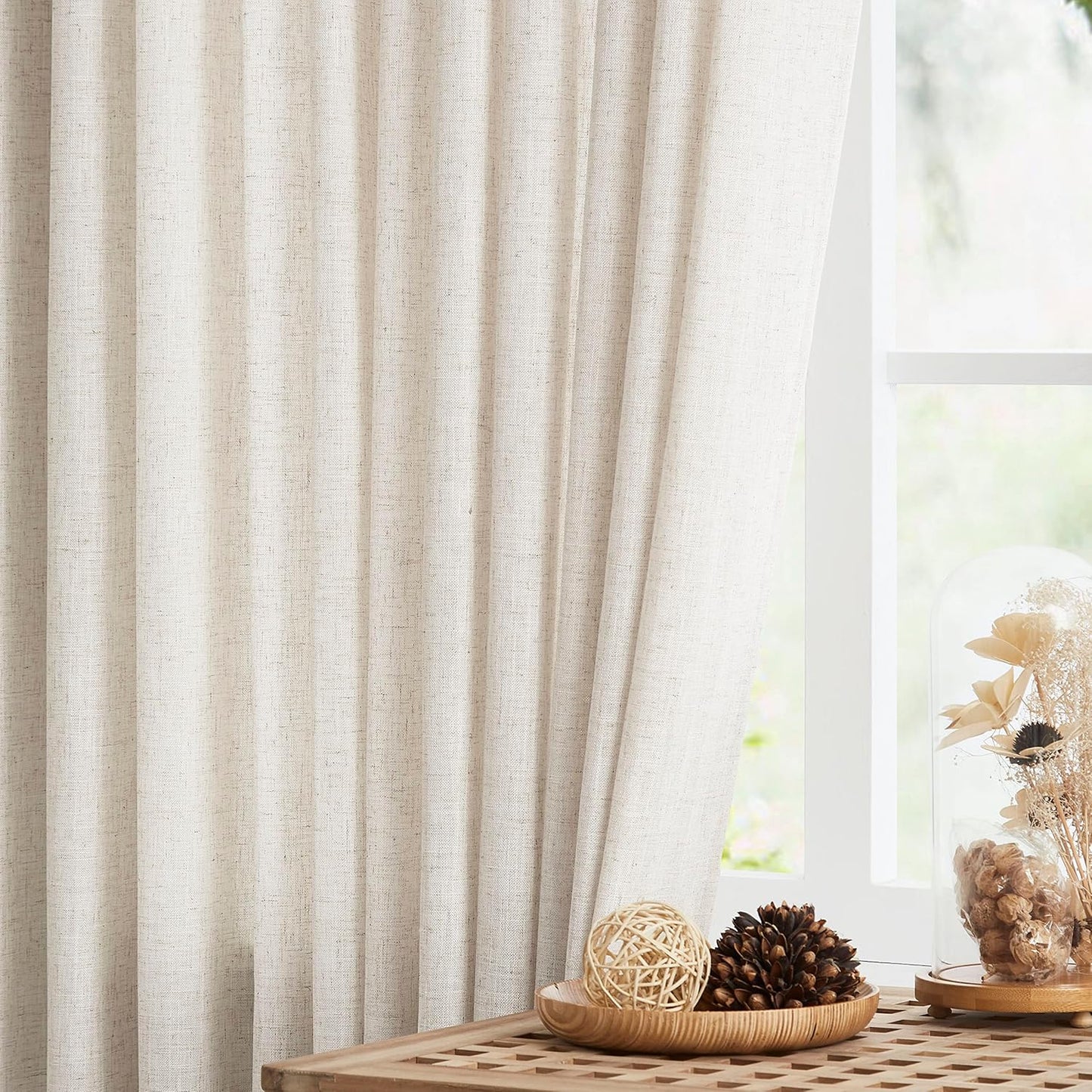 Vision Home Natural Pinch Pleated Semi Sheer Curtains Textured Linen Blended Light Filtering Window Curtains 102 inch for Living Room Bedroom Patio Pinch Pleat Drapes with Hooks 1 Panel 60" Wx102 L