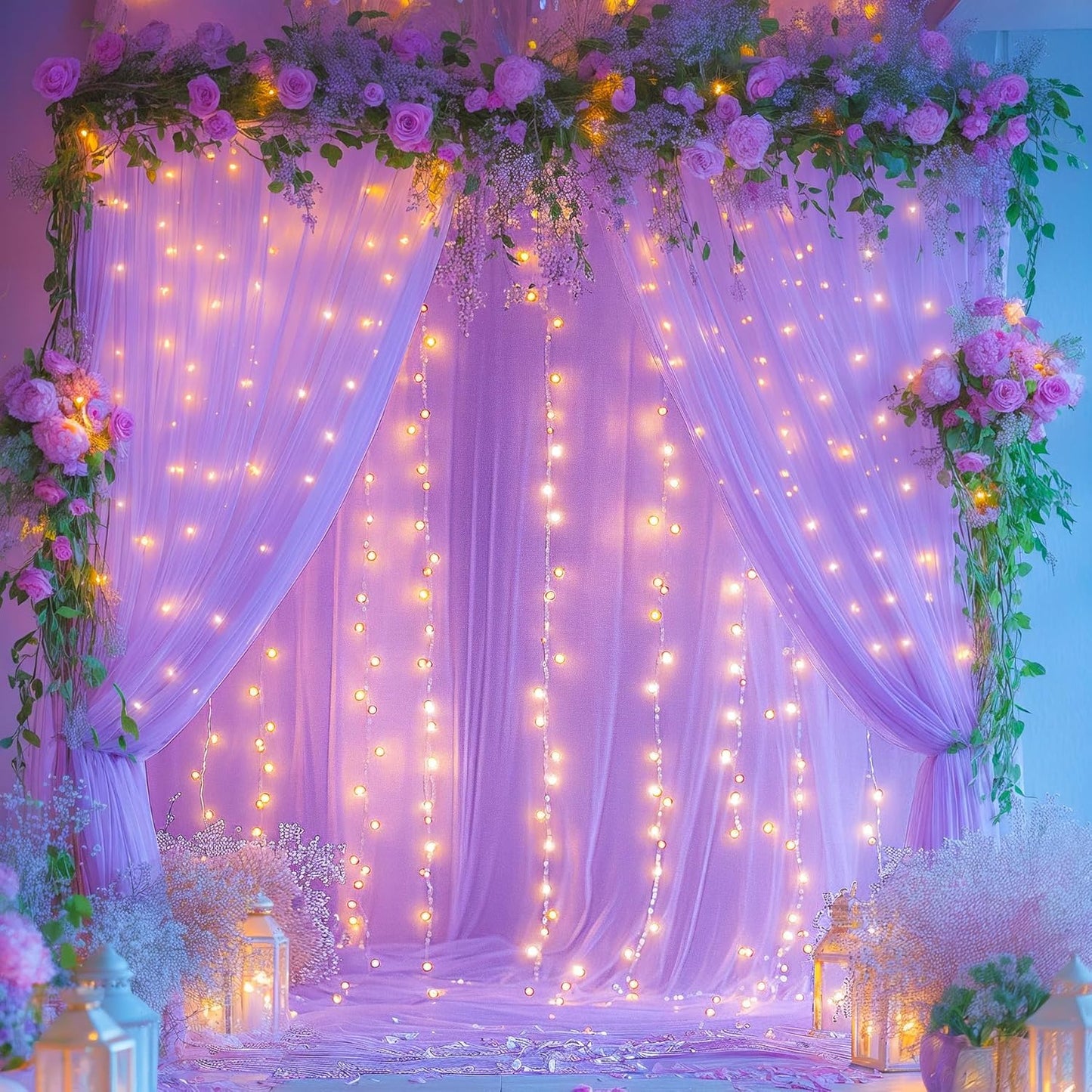 10x10ft Lavender Tulle Backdrop Curtains with Lights for Party Wedding Baby Shower, Sheer Wrinkle Free Backdrop Curtains for Birthday Party Photo Booth Background Decoration