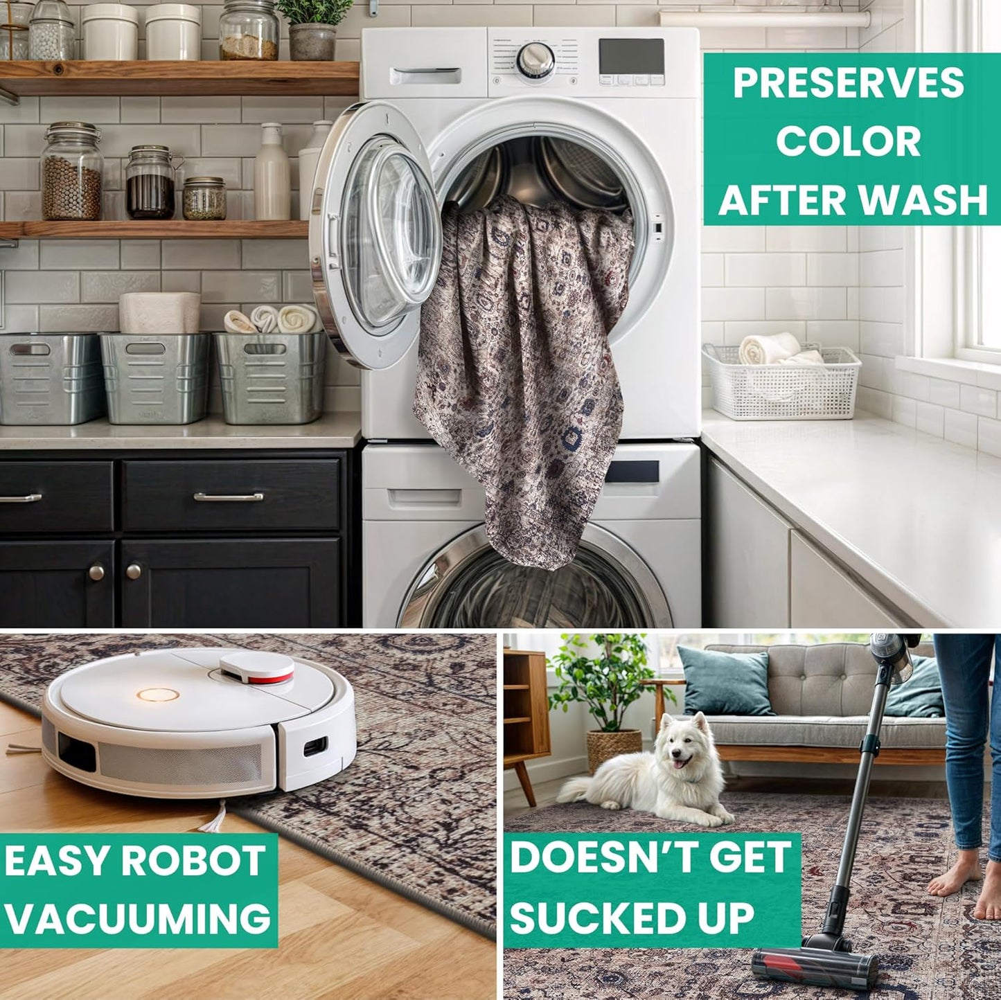 Bloom Rugs Washable Non-Slip 6' x 9' Rug - Light Tan/Blue Traditional Oriental Area Rug for Living Room, Bedroom, Dining Room, and Kitchen - Exact Size: 6' x 9'