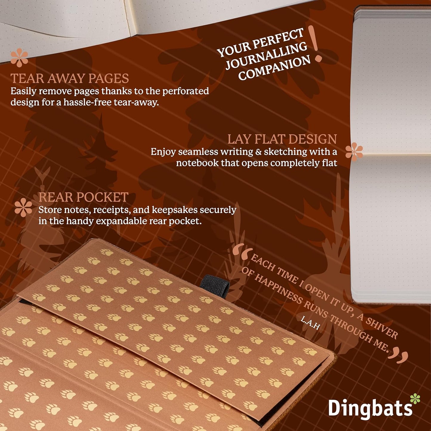 Dingbats* Wildlife Plain Journal Notebook A5 - Vegan Leather Hard Cover, Ideal for Work, Travel - Pocket, Elastic Closure, Bookmark